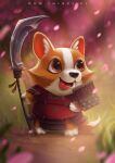  2minds_studio armor blurry blurry_foreground brown_eyes dog english_commentary grass holding holding_shield light_particles looking_away no_humans open_mouth original outdoors paw_print pet petals plate polearm samurai shield standing tongue tongue_out tree warrior weapon web_address welsh_corgi 