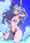  1girl absurdres animal_ears arm_up armpits bare_shoulders bikini blue_bikini blue_hair blue_sky blue_swimsuit blush breasts cloud collarbone earrings erune ferry_(granblue_fantasy) granblue_fantasy highres inuinuo_gataken jewelry long_hair looking_at_viewer navel ocean open_mouth orange_eyes shiny shiny_skin sky small_breasts solo stomach sunlight swimsuit thighs toned wet wolf_ears 