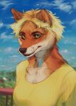  2021 adonis_(ireneshards) anthro artist_logo black_nose blonde_hair blue_eyebrows blue_sky bust_portrait canid cheek_tuft chest_tuft clothing cloud colored_sketch dated eyebrows eyelashes facial_tuft female front_view fur glistening glistening_eyes green_eyes hair hi_res inner_ear_fluff logo lostgoose mammal mouth_closed narrowed_eyes orange_body orange_ears orange_fur orange_inner_ear orange_inner_ear_fluff portrait sketch sky solo tan_body tan_fur topwear tuft whiskers yellow_clothing yellow_topwear 