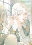  1boy absurdres adjusting_earrings bishounen blue_eyes earrings full-length_mirror girly_boy grey_hair highres jewelry lens_flare long_hair looking_at_viewer male_focus mirror mirror_image original piercing putting_on_jewelry reflection rimei1226 ring shiny shiny_hair sleeve_cuffs solo white_hair 