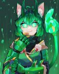  1girl absurdres ahoge animal_ear_fluff cat_girl cat_tail diforland gauntlets girl_dm glowing glowing_eyes green_eyes green_hair heart heart_ahoge highres indie_virtual_youtuber smile solo tail upper_body virtual_youtuber 