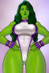  1girl abs breasts colored_skin covered_abs green_hair green_skin highleg highleg_leotard highres large_breasts leotard long_hair loodncrood looking_at_viewer marvel muscular muscular_female she-hulk simple_background solo 