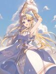  1girl armor armpits blonde_hair blue_eyes braces breasts circlet cloud cloudy_sky dress earrings gem jewelry long_hair looking_at_viewer miri_(cherryjelly) open_mouth pointy_ears princess_zelda sky small_breasts smile solo super_smash_bros. the_legend_of_zelda the_legend_of_zelda:_a_link_between_worlds very_long_hair 