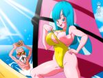  1boy 1girl :d arms_up bald beach beard blue_eyes blue_hair blue_sky blush breasts camera covered_navel day dragon_ball dragon_ball_z facial_hair hand_on_hip highres holding holding_camera large_breasts light_rays long_hair looking_at_viewer maron_(dragon_ball) mustache muten_roushi nipple_slip nipples non-web_source ocean old old_man one-piece_swimsuit open_mouth outdoors partially_submerged sky smile sunbeam sunglasses sunlight swimsuit yamamoto_doujin yellow_swimsuit 
