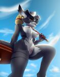  absurd_res anthro argiopa blizzard_entertainment breasts canid canine clothing dominant dominant_female eyewear female fennec fox furniture glasses go_to_horny_jail hardmeow hat headgear headwear hi_res looking_at_viewer low-angle_view mace mammal melee_weapon meme nude solo spread_legs spreading table thick_thighs video_games vulpera warcraft weapon 