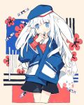  &gt;_&lt; 1girl :d animal_ears black_skirt blue_eyes blue_headwear blue_jacket blush candy commentary cropped_legs english_commentary floppy_ears flower food hand_in_pocket hat holding holding_candy holding_food jacket long_hair long_sleeves melanbread pocket rabbit rabbit_ears rabbit_girl red_shirt shirt signature skirt smile white_hair white_rabbit_candy xd 