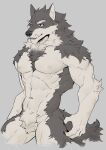  abs anonymous_artist anthro areola canid canine canis chest_tuft claws countershading fangs fur grey_body grey_fur hi_res male mammal multicolored_body muscular muscular_anthro muscular_male navel orion_(aluminemsiren) solo tuft two_tone_body were werecanid werecanine werewolf white_body white_fur wolf 
