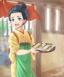  1girl :d black_hair blue_eyes comb floral_print food grilled_fish hair_slicked_back highres holding holding_tray indoors japanese_clothes kimono original oven patch_(sunamiti) skewer smile standing sunlight tray twitter_username waitress wind yellow_kimono yukata 