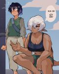  1boy 1girl absurdres black_hair black_nails blue_eyes breasts cleavage crop_top diforland english_text green_shorts hair_over_one_eye highres large_breasts monster_girl original pointy_ears short_hair shorts size_difference squatting tail thought_bubble white_hair 