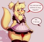  anthro big_butt bodily_fluids bottomwear bulge butt canid canine clothing dialogue footwear fox girly hair hi_res hispanic hispanic_youtuber huge_butt huge_thighs kobito_mrow legwear maid_uniform male mammal ninetales nintendo panties pok&eacute;mon pok&eacute;mon_(species) redbromer redbromer_td skirt socks solo sweat text thick_thighs topwear underwear uniform video_games wide_hips yellow_body youtuber 