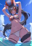  1girl absurdres animal_ear_fluff animal_ears armpits arms_up ball beachball bikini black_hair blue_sky blush breasts choker cleavage cloud groin hair_ornament hairclip highres hololive inuinuo_gataken large_breasts long_hair looking_at_viewer looking_down multicolored_hair navel ocean ookami_mio ponytail red_hair shaded_face skindentation sky smile solo stomach streaked_hair sunlight swimsuit tail tail_wrap thick_thighs thigh_strap thighs toned water wet wolf_ears yellow_eyes 