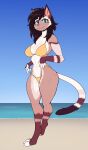  absurd_res anthro beach bikini bikini_top breasts brown_hair canid canine cleavage clothed clothing cooliehigh domestic_cat felid feline felis female fox fur hair hi_res looking_at_viewer mammal navel outside seaside smile smiling_at_viewer solo standing swimwear thick_thighs white_body white_fur 