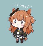  0_0 1girl :&gt; animal_ears bangs black_footwear black_ribbon black_thighhighs blue_background blush_stickers brown_hair chibi commentary_request crop_top dog_tags ear_ribbon english_text full_body green_jacket horse_ears horse_girl horse_tail jacket long_hair long_sleeves mayano_top_gun_(umamusume) midriff nozo_(hitomiz) open_clothes open_jacket parted_lips puffy_long_sleeves puffy_sleeves ribbon shirt shoes short_shorts shorts simple_background sleeves_past_wrists solo standing tail thighhighs triangle_mouth two_side_up umamusume very_long_hair white_shorts yellow_shirt 