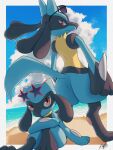  border closed_mouth cloud commentary_request day evolutionary_line highres kuchiba_(jret2454) looking_at_viewer lucario orange_eyes outdoors pokemon pokemon_(creature) riolu signature sitting sky smile standing star-shaped_eyewear sunglasses white_border 