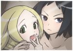  1boy 1girl bianca_(pokemon) black_hair blonde_hair blush cheren_(pokemon) collarbone green_eyes hand_on_another&#039;s_back hetero looking_at_viewer looking_to_the_side lowres nude pokemon pokemon_(game) pokemon_bw2 shinuverna teeth tongue upper_body upper_teeth v-shaped_eyebrows v_over_mouth 