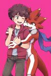  anthro bandai_namco betelgammamon blush brown_hair claws digimon digimon_ghost_game duo embrace hair hi_res hiro_amanokawa horn hug human male male/male mammal mstdndkkkkk red_body scarf yellow_eyes 