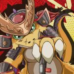  anthro armor bandai_namco digimon digimon_(species) digimon_ghost_game digivice dragon fur furred_dragon green_eyes headgear helmet hi_res male ryudamon samurai scar solo warrior yellow_body yellow_fur youwantstars 