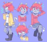  2022 absurd_res anthro blue_hair boots choker clothing domestic_cat felid feline felis female fishnet fishnet_legwear footwear graskip hair hi_res jewelry legwear mammal multicolored_hair necklace phone purple_background red_hair simple_background solo terri_(graskip) 