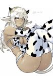  1girl :t animal_ears ash_(fire_emblem) ass bangs bare_shoulders black_horns blush breasts brown_eyes cleavage cow_ears cow_girl cow_horns cow_tail dark-skinned_female dark_skin fire_emblem fire_emblem_heroes highres horns large_breasts long_hair looking_at_viewer n_ah_n piercing pout solo tail thick_thighs thighs white_hair 
