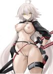 1girl absurdres ahoge bottomless breasts cowboy_shot fate/grand_order fate_(series) gloves highres jeanne_d&#039;arc_alter_(fate) jeanne_d&#039;arc_alter_(swimsuit_berserker)_(fate) katana large_breasts long_hair multiple_swords navel nipples no_bra pussy rakeemspoon sheath shrug_(clothing) sketch solo sword thigh_strap uncensored very_long_hair weapon white_background white_hair yellow_eyes 