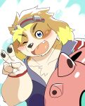  absurd_res amidasuke anthro blue_eyes blush canid canine canis domestic_dog eyewear floppy_ears goggles hi_res hisaki_(live-a-hero) lifewonders live-a-hero male mammal one_eye_closed smile solo video_games wink wristband 