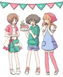  3girls akiyama_yukari bag bandana bangs birthday birthday_cake blue_dress blue_shorts blunt_bangs blush boko_(girls_und_panzer) brown_eyes brown_hair cake casual character_name closed_eyes denim denim_shorts drawstring dress facing_another flats flying_sweatdrops food girls_und_panzer green_hoodie heart highres holding holding_bag holding_plate hood hood_down hoodie long_hair looking_at_another mary_janes messy_hair model_tank multiple_girls nishizumi_miho open_mouth orange_footwear orange_hair pink_shirt pink_thighhighs plate puffy_short_sleeves puffy_sleeves ri_(qrcode) shirt shoes shopping_bag short_dress short_hair short_shorts short_sleeves shorts smile sneakers sparkling_eyes standing string_of_flags takebe_saori tearing_up thighhighs translated white_dress white_footwear white_shirt 