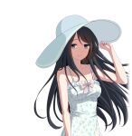  1girl adjusting_clothes adjusting_headwear black_hair blue_eyes bow breasts dress hat idol_wars_z light_smile looking_at_viewer nakahara_kasumi official_art pink_bow small_breasts solo standing sun_hat third-party_source transparent_background white_dress white_headwear 