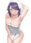  1girl absurdres arm_behind_head armpits bangs bare_shoulders blue_eyes breasts cleavage collarbone dark_blue_hair from_above highres kson large_breasts long_hair looking_at_viewer maboroshi_yuki_shiro naked_towel simple_background smile solo swept_bangs towel towel_on_head virtual_youtuber vshojo white_background 