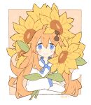  1girl ahoge blue_eyes blush blush_stickers crossed_arms flower hair_ornament holding holding_flower long_hair long_sleeves looking_at_viewer melanbread musical_note musical_note_hair_ornament neck_ribbon negative_space no_nose orange_background orange_hair original ribbon shirt signature sleeve_cuffs smile solo sunflower sunflower_girl_(melanbread) tareme white_shirt 