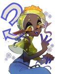  1girl :d blonde_hair blue_skin blue_tongue colored_eyelashes colored_skin colored_tongue crop_top cross-shaped_pupils dark-skinned_female dark_skin dneod13 earrings fangs forehead frye_(splatoon) gradient_hair gradient_skin highres jewelry looking_at_viewer multicolored_hair multicolored_skin multiple_earrings orange_eyes pointy_ears poncho purple_hair red_skin see-through simple_background smile solo splatoon_(series) splatoon_3 teeth tentacle_hair turtleneck turtleneck_crop_top two-tone_hair white_background yellow_crop_top 