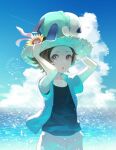  1boy alternate_costume artist_name blue_shirt brown_eyes brown_hair cloud cocoloco commentary_request dated day flower hat hat_flower hilbert_(pokemon) looking_at_viewer male_focus on_head oshawott outdoors pokemon pokemon_(creature) pokemon_(game) pokemon_bw pokemon_on_head shirt short_hair short_sleeves sky sparkle star_(symbol) straw_hat twitter_username undershirt water 