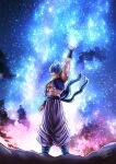  1boy abs armpits artist_name baggy_pants belt biceps blue_eyes blue_hair cloud cloudy_sky dragon_ball dragon_ball_super feet_out_of_frame highres jacket light light_rays looking_at_viewer male_focus manly mature_male muscular muscular_male n_k0918 pants pectorals short_hair short_sleeves signature sky solo spiked_hair star_(sky) starry_sky thick_arms wristband 