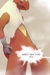  1other 2007 arms_at_sides blaziken blonde_hair body_fur boke-chan brown_background claws closed_eyes commentary convenient_censoring cowboy_shot english_commentary english_text happy_new_year long_hair new_year notice_lines open_mouth other_focus pokemon pokemon_(creature) red_fur simple_background solo standing steam steam_censor two-tone_fur u_u yellow_fur 