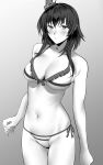  1girl bangs bikini blush breasts cleavage closed_mouth commentary frilled_bikini frills greyscale hair_between_eyes headgear highres kantai_collection large_breasts looking_at_viewer monochrome shingyou_(alexander-13) short_hair_with_long_locks side-tie_bikini simple_background solo swimsuit yamashiro_(kancolle) 