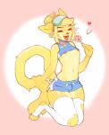  &lt;3 anthro bottomwear candy clothing crop_top dessert domestic_cat eyes_closed felid feline felis food girly hair hotpants legwear male mammal navel nipple_piercing nipples open_mouth open_smile piercing shirt shorts skinny slim smile solo topwear waitress_(artist) white_clothing white_legwear 