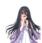  1girl :d bare_shoulders black_hair blue_eyes blush dress hair_over_one_eye hand_on_own_cheek hand_on_own_face holding holding_microphone idol_wars_z microphone nakahara_kasumi official_art smile standing third-party_source upper_body 