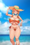  1girl absurdres aqua_hair bikini bikini_pull breasts cleavage clothes_pull day earrings feather_earrings feathers gradient_hair hat highres hololive hololive_english huge_breasts jewelry long_hair looking_at_viewer makinakid multicolored_hair navel o-ring o-ring_top ocean orange_bikini orange_hair outdoors purple_eyes shiny shiny_hair shiny_skin skindentation smile solo standing straw_hat swimsuit takanashi_kiara thick_thighs thighs underboob virtual_youtuber water wet 