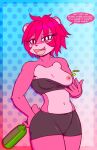  2021 absurd_res anthro blush bottle bottomwear breasts clothing digital_media_(artwork) english_text exposed_breasts female fur hair hi_res mammal midriff multicolored_body multicolored_fur navel nipples open_mouth pink_body pink_fur pink_hair raspberry_(viroveteruscy) red_eyes shirt solo speech_bubble teasing text topwear two_tone_body two_tone_fur ursid viroveteruscy warning_cream_filled 