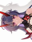  1girl ahoge bangs bare_shoulders closed_mouth fukazzi_2nd gauntlets honkai_(series) honkai_impact_3rd horns long_hair looking_at_viewer purple_eyes purple_hair raiden_mei raiden_mei_(herrscher_of_thunder) rotated shadow simple_background single_gauntlet smile solo upper_body white_background 
