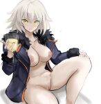  ahoge breasts coat cup fate/apocrypha fate/grand_order fate_(series) feet_out_of_frame fur-trimmed_coat fur-trimmed_sleeves fur_trim highres holding holding_cup jeanne_d&#039;arc_alter_(fate) jeanne_d&#039;arc_alter_(ver._shinjuku_1999)_(fate) large_breasts naked_coat nipples official_alternate_costume open_clothes open_coat pussy rakeemspoon short_hair sketch uncensored yellow_eyes 