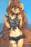  anthro apogee_(tinygaypirate) arm_tuft black_nose black_tongue blue_background bottomwear breasts brown_body brown_eyes brown_fur brown_hair canid canine canis cheek_tuft choker clothing cowlick domestic_dog ear_piercing elbow_tuft eyebrow_through_hair eyebrows eyelashes facial_markings facial_piercing facial_tuft female floppy_ears fur furgonomics furry-specific_piercing gauged_ear hair head_markings hi_res inner_ear_fluff jewelry long_hair looking_aside mammal markings messy_hair midriff mottled mottled_nose mottled_tongue muzzle_piercing navel necklace nose_piercing open_mouth piercing pink_nose pink_tongue portrait raised_arms raised_eyebrows shirt shorts simple_background slim solo spitz standing tank_top teeth thigh_gap three-quarter_portrait tinygaypirate tongue topwear translucent translucent_hair tuft wrist_tuft 