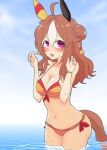  alternate_costume animal_ears ashitaba_tomorou bikini blush breasts cleavage collarbone commentary_request copano_rickey_(umamusume) double_bun fang hair_between_eyes hair_bun hair_ornament horse_ears horse_tail long_hair looking_at_viewer medium_breasts navel open_mouth red_eyes swimsuit tail umamusume wet 