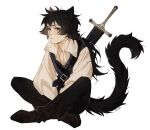  1boy animal_ears artist_name black_eyes black_fur black_hair boots brown_footwear cat_boy cat_ears cat_tail closed_mouth collared_shirt cross-laced_slit cutesofa2 full_body indian_style long_hair long_sleeves looking_at_viewer low_ponytail male_focus messy_hair original puffy_long_sleeves puffy_sleeves sheath sheathed shirt simple_background sitting solo sword sword_behind_back tail vest weapon white_background 