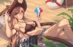  1girl anchor_earrings azur_lane bikini breasts brown_bikini brown_hair brown_headwear cross-laced_bikini cross-laced_clothes cross-laced_top cup cutoff_jeans cutoffs earrings feet_out_of_frame flag_themed_food food_on_body food_on_breasts french_flag hair_between_eyes hat highres holding holding_cup ice ice_cube jean_bart_(azur_lane) jean_bart_(private_apres_midi)_(azur_lane) jewelry lifebuoy long_hair looking_at_viewer lying medium_breasts official_alternate_costume on_back open_clothes open_shorts outdoors palm_leaf parfait pirate_hat purple_eyes sand short_shorts shorts solo stormstx swimsuit very_long_hair vichya_dominion_(emblem) 