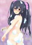  1girl ass bathing black_hair blush breasts completely_nude hair_between_eyes hair_ornament hair_ribbon highres katade long_hair looking_at_viewer neptune_(series) nude red_eyes ribbon shower_head small_breasts soap_bubbles twintails uni_(neptune_series) very_long_hair 