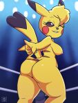  2022 anthro anthrofied areola breasts butt cleft_tail deathzera female fighting_ring fingers fur hair hi_res looking_at_viewer looking_back nintendo nipples nude one_eye_closed pikachu pok&eacute;mon pok&eacute;mon_(species) signature smile solo video_games wink yellow_body yellow_fur yellow_skin 