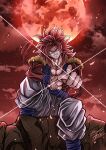  1boy abs artist_name baggy_pants blue_eyes character_request cliff cloud cloudy_sky dragon_ball dragon_ball_gt highres looking_at_viewer male_focus manly mature_male monkey_tail moon muscular muscular_male n_k0918 no_shirt pants pectorals pointing red_fur red_hair red_sky signature sitting sky smirk solo spiked_hair tail teeth thick_arms 