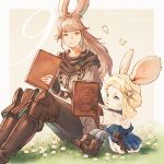  1girl 1other androgynous animal_ears avatar_(ff14) bangs book brown_hair final_fantasy final_fantasy_xiv fingerless_gloves gloves green_eyes highres holding holding_book kuroimori long_hair loporrit rabbit_ears sitting smile turban viera whiskers 