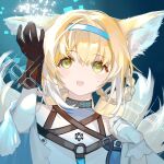  1girl :d animal_ear_fluff animal_ears annnnq arknights arm_up bangs bare_shoulders black_gloves blonde_hair blue_hairband braid commentary_request fox_ears fox_girl fox_tail gloves green_eyes hair_between_eyes hair_rings hairband hand_up highres multicolored_hair shirt smile solo suzuran_(arknights) tail twin_braids two-tone_hair upper_body white_hair white_shirt 