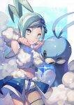  1girl altaria arm_warmers blush closed_mouth commentary_request green_eyes green_hair hair_ornament hands_up lisia_(pokemon) long_hair looking_at_viewer navel overskirt pokemon pokemon_(creature) pokemon_(game) pokemon_oras shorts shorts_under_skirt sidelocks single_thighhigh thighhighs yamanashi_taiki 